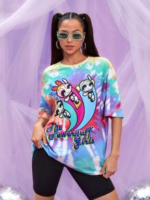 THE POWERPUFF GIRLS X SHEIN 紮染卡通圖案落肩T恤 - 彩色 - 查看 4