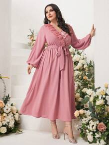 Modelyn Vestido con cinturón ribete con fruncido de manga farol - Rosa - Ver 4