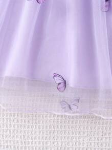 SHEIN Young Girl Butterfly Appliques Mesh Overlay Puff Sleeve Belted Dress - Purple - View 6