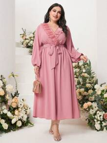 Modelyn Vestido con cinturón ribete con fruncido de manga farol - Rosa - Ver 5