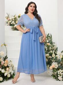 Modelyn Plus Contrast Lace Belted Chiffon Dress - Baby Blue - View 1