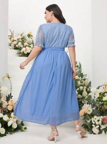Modelyn Plus Contrast Lace Belted Chiffon Dress - Baby Blue - View 2