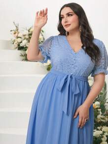 Modelyn Plus Contrast Lace Belted Chiffon Dress - Baby Blue - View 5