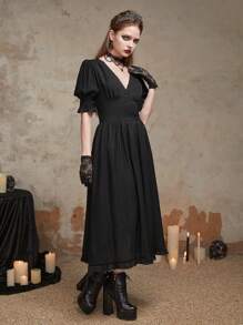 ROMWE Goth Solid Puff Sleeve A-line Dress - Black - View 4