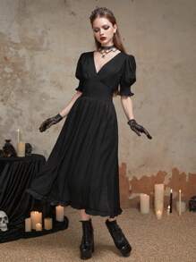 ROMWE Goth Solid Puff Sleeve A-line Dress - Black - View 6