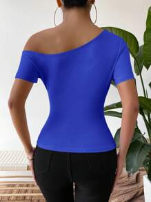 SHEIN Privé 素色不對稱領側收褶T恤 - 藏蓝色 - 查看 2