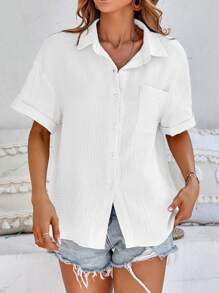 Breezaya Solid Drop Shoulder Pocket Patched Shirt - White - View 3