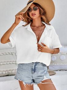 Breezaya Solid Drop Shoulder Pocket Patched Shirt - White - View 4