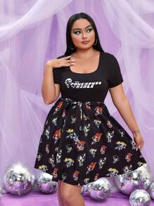 THE POWERPUFF GIRLS X SHEIN Hơn Hình ảnh hoạt hình và chữ cái Scoop Cổ Váy có thắt lưng Mùa hè - màu đen - Xem 1