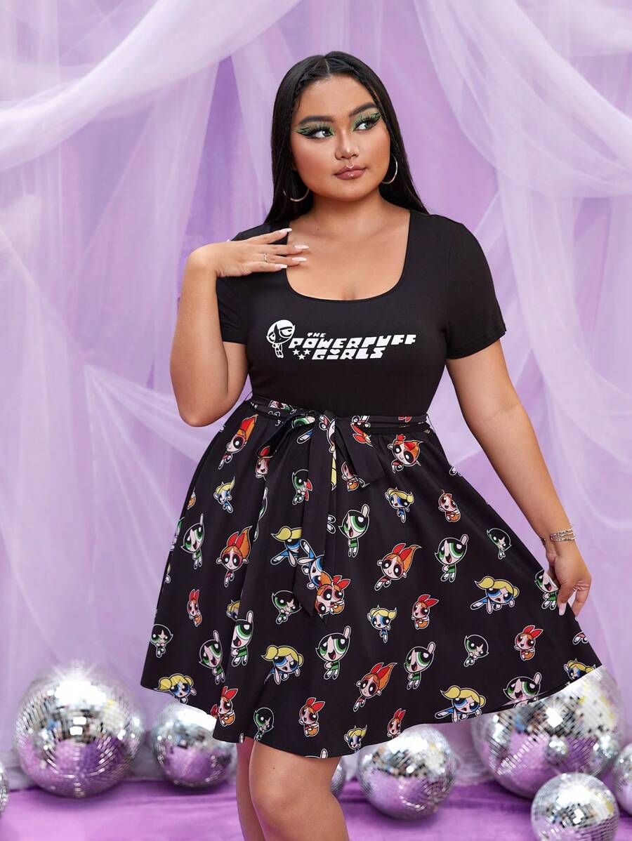 THE POWERPUFF GIRLS X SHEIN Hơn Hình ảnh hoạt hình và chữ cái Scoop Cổ Váy có thắt lưng Mùa hè - màu đen - Xem 1