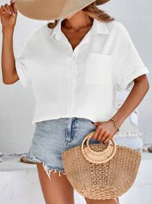 Breezaya Solid Drop Shoulder Pocket Patched Shirt - White - View 6