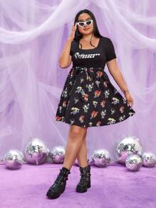 THE POWERPUFF GIRLS X SHEIN Hơn Hình ảnh hoạt hình và chữ cái Scoop Cổ Váy có thắt lưng Mùa hè - màu đen - Xem 4