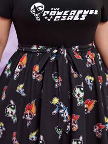 THE POWERPUFF GIRLS X SHEIN Hơn Hình ảnh hoạt hình và chữ cái Scoop Cổ Váy có thắt lưng Mùa hè - màu đen - Xem 5