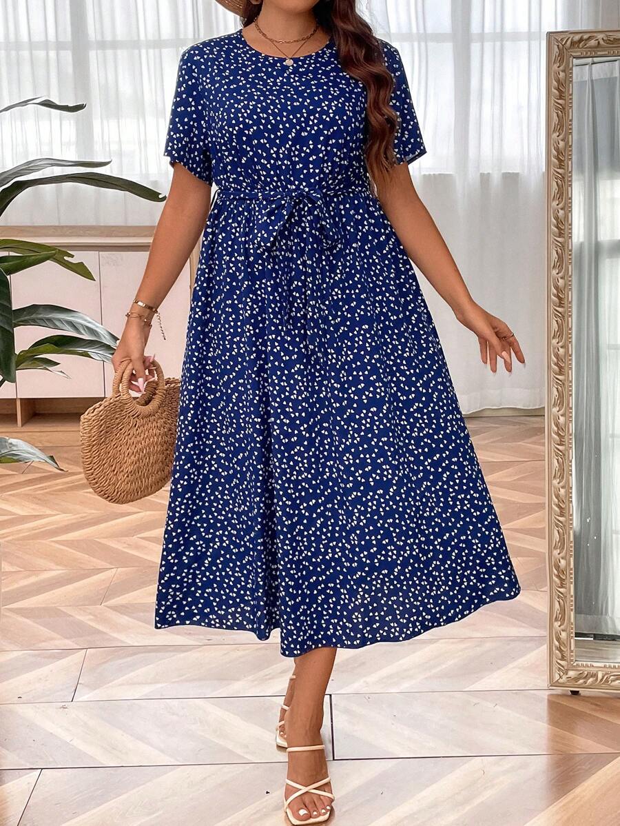 SHEIN LUNE Plus Allover Heart Print Belted Dress - Blue - View 1