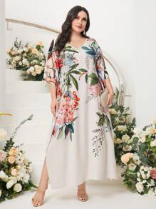 Al Najma 大碼印花下擺開叉連衣裙 - 白色 - 查看 1