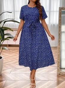 SHEIN LUNE Plus Allover Heart Print Belted Dress - Blue - View 4