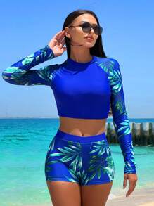 热带印花插肩袖防晒衣 夏日海滩 - 藍色 - 查看 1