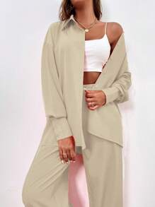 Chiquease 素色前紐扣襯衫和闊腿褲 - 杏色 - 查看 3