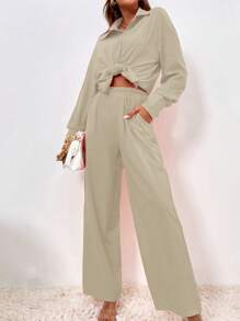 Chiquease 素色前紐扣襯衫和闊腿褲 - 杏色 - 查看 4