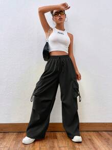 SHEIN Unity Quần Cargo cạp rút màu trơn dáng rộng, có túi lớn - màu đen - Xem 6