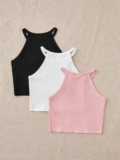 SHEIN Cô Gái Trẻ 3pcs Đồ đan Ribbed Áo hai dây