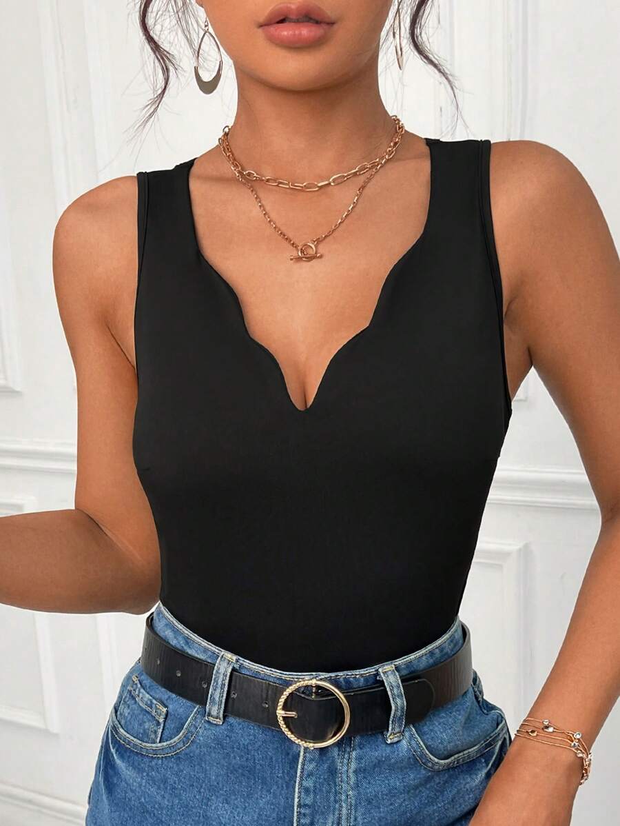 SHEIN Privé Top tank unicolor ribete en abanico - Negro - Ver 1