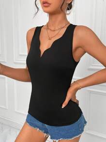 SHEIN Privé Top tank unicolor ribete en abanico - Negro - Ver 6
