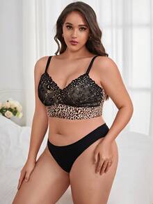 大碼豹紋蕾絲拼接無鋼圈內衣 - 彩色 - 查看 3