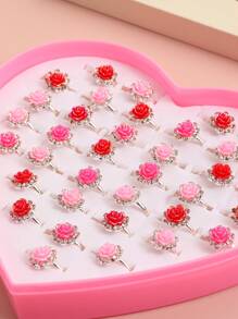 36入組彩色鑽石鑲嵌玫瑰形可調節兒童戒指,附有盒子 - 彩色 - 查看 2