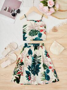 SHEIN Toddler Girls 1pc Tropical Print Cami Top & 1pc Skirt - Multicolor - View 1