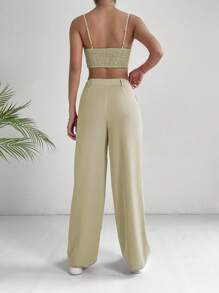 SHEIN EZwear 素色吊帶上衣和褶皺長褲 - 卡其色 - 查看 2