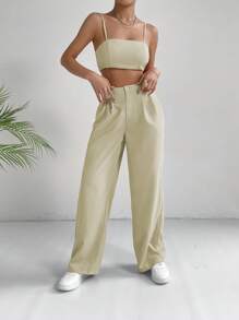 SHEIN EZwear 素色吊帶上衣和褶皺長褲 - 卡其色 - 查看 3