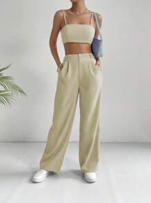 SHEIN EZwear 素色吊帶上衣和褶皺長褲 - 卡其色 - 查看 4