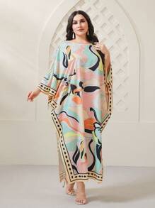 Seusyu Plus Allover Print Batwing Sleeve Split Hem Dress Kaftan Jalabiya Dress - Multicolor - View 1