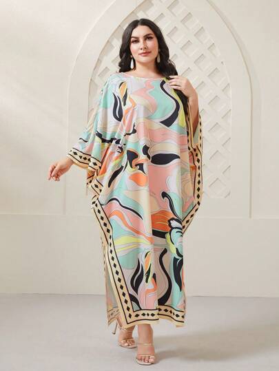 Seusyu Plus Allover Print Batwing Sleeve Split Hem Dress Kaftan Jalabiya Dress