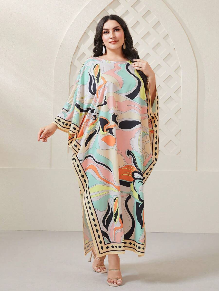 Seusyu Plus Allover Print Batwing Sleeve Split Hem Dress Kaftan Jalabiya Dress - Multicolor - View 1
