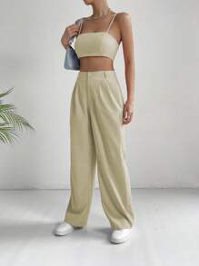 SHEIN EZwear 素色吊帶上衣和褶皺長褲 - 卡其色 - 查看 5