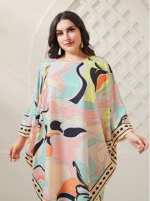 Seusyu Plus Allover Print Batwing Sleeve Split Hem Dress Kaftan Jalabiya Dress - Multicolor - View 3