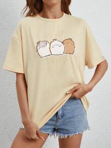 SHEIN X MOLANG Cartoon Graphic Drop Shoulder Tee - Apricot - View 3