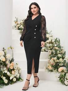 Modelyn Plus Contrast Lace Lantern Sleeve Split Thigh Dress - Black - View 1