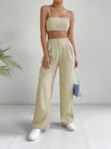 SHEIN EZwear 素色吊帶上衣和褶皺長褲 - 卡其色 - 查看 6