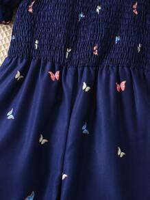 SHEIN 小女童花卉和蝴蝶圖案泡泡袖連身褲 - 藍色 - 查看 3