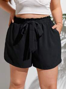 SHEIN Frenchy Quần Short kích thước lớn Thắt lưng Túi Quần paper-bag màu trơn Giải trí - màu đen - Xem 6