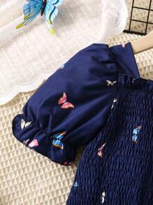SHEIN 小女童花卉和蝴蝶圖案泡泡袖連身褲 - 藍色 - 查看 4