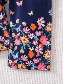 SHEIN 小女童花卉和蝴蝶圖案泡泡袖連身褲 - 藍色 - 查看 6