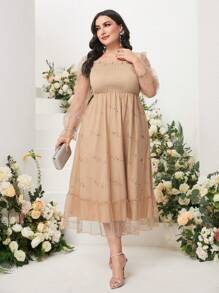 Modelyn Vestido de malla en contraste de manga amplia bajo con fruncido - Caqui - Ver 1