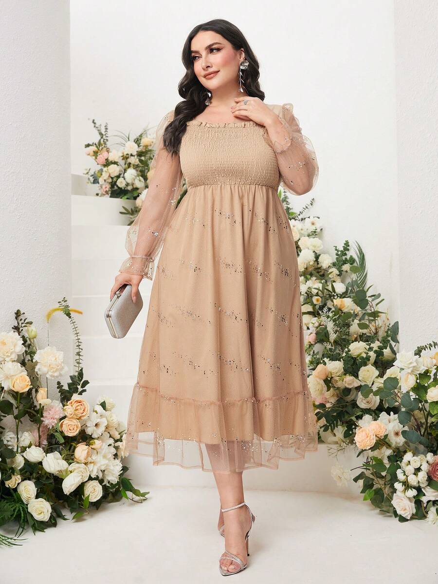 Modelyn Vestido de malla en contraste de manga amplia bajo con fruncido - Caqui - Ver 1