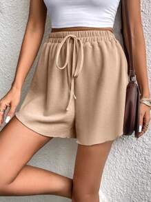 SHEIN LUNE Tie Front Waffle Knit Shorts - Khaki - View 5