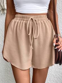 SHEIN LUNE Tie Front Waffle Knit Shorts - Khaki - View 2