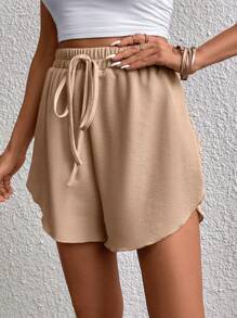 SHEIN LUNE Tie Front Waffle Knit Shorts - Khaki - View 6